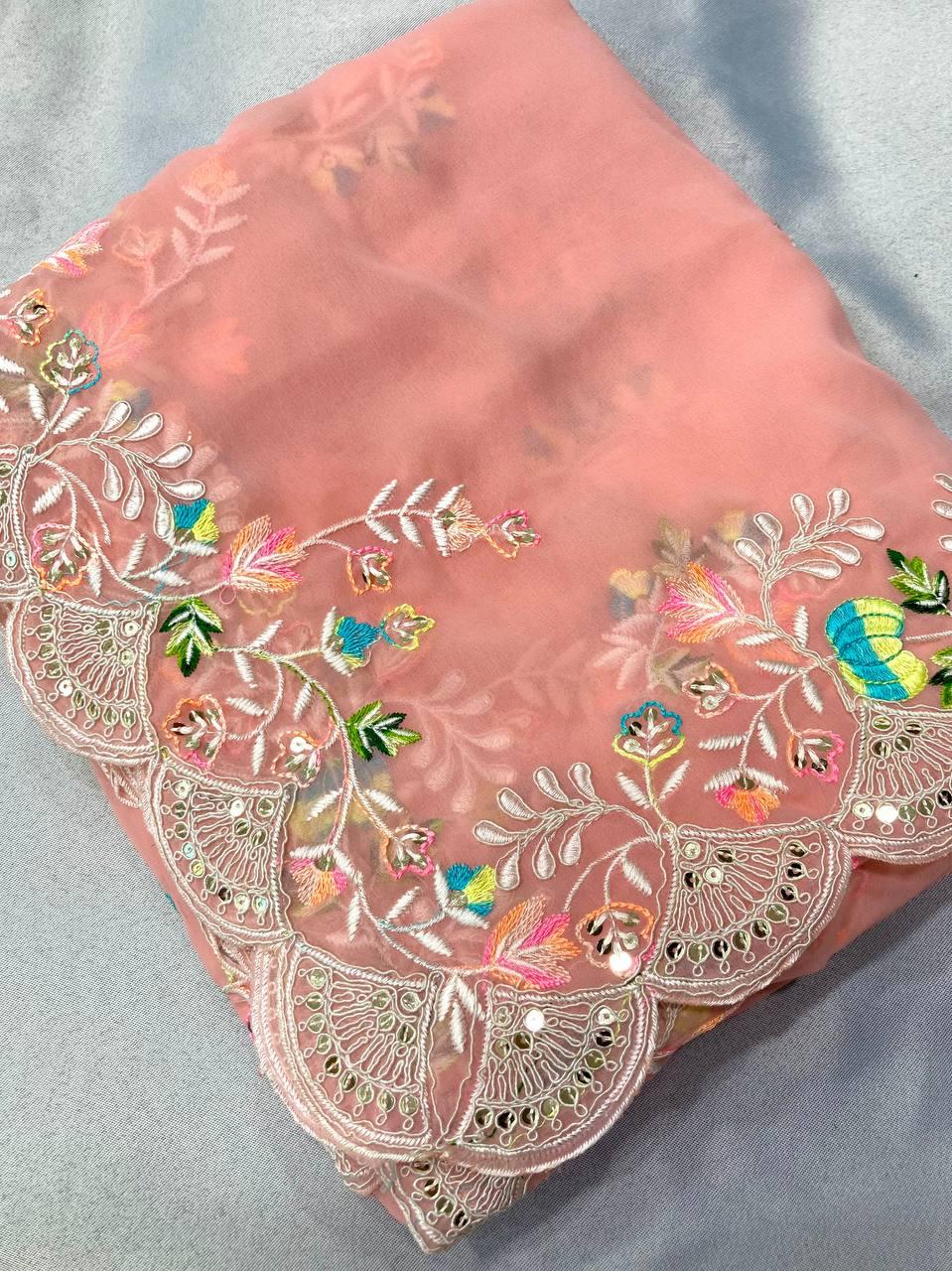Luxury Party Wear Soft Georgette Saree with Multi Embroidery & Cutwork Border
