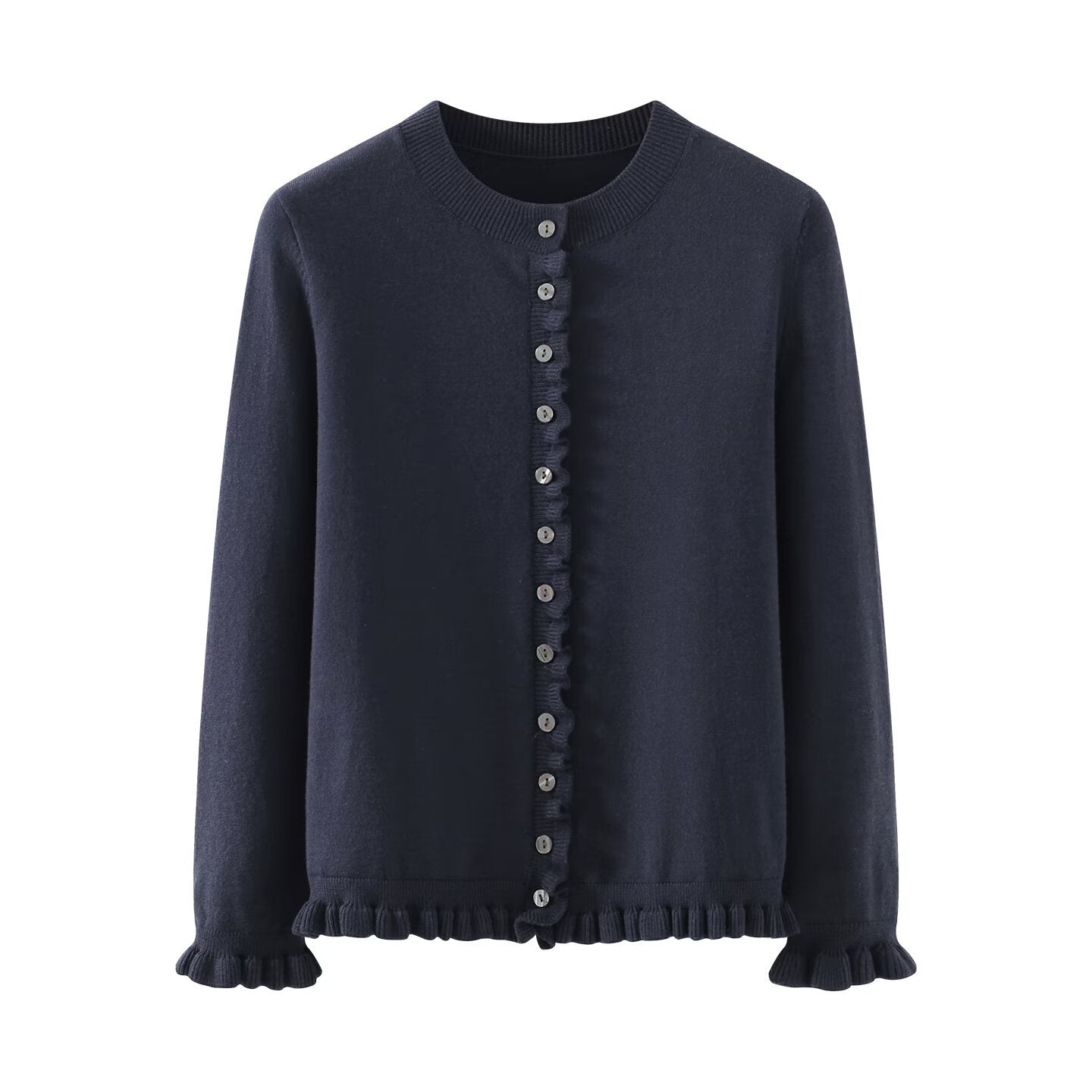 Stacked decorative round neck long sleeved knitted jacket