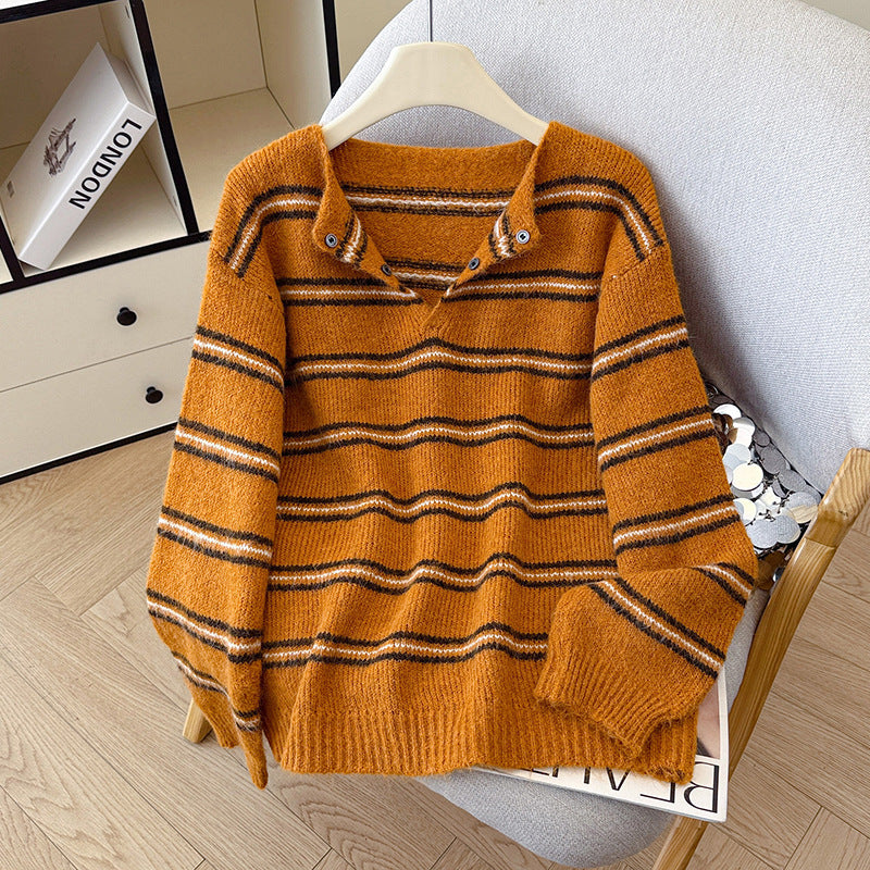 Chic Color-blocked Half-open Collar Knit Sweater for Women