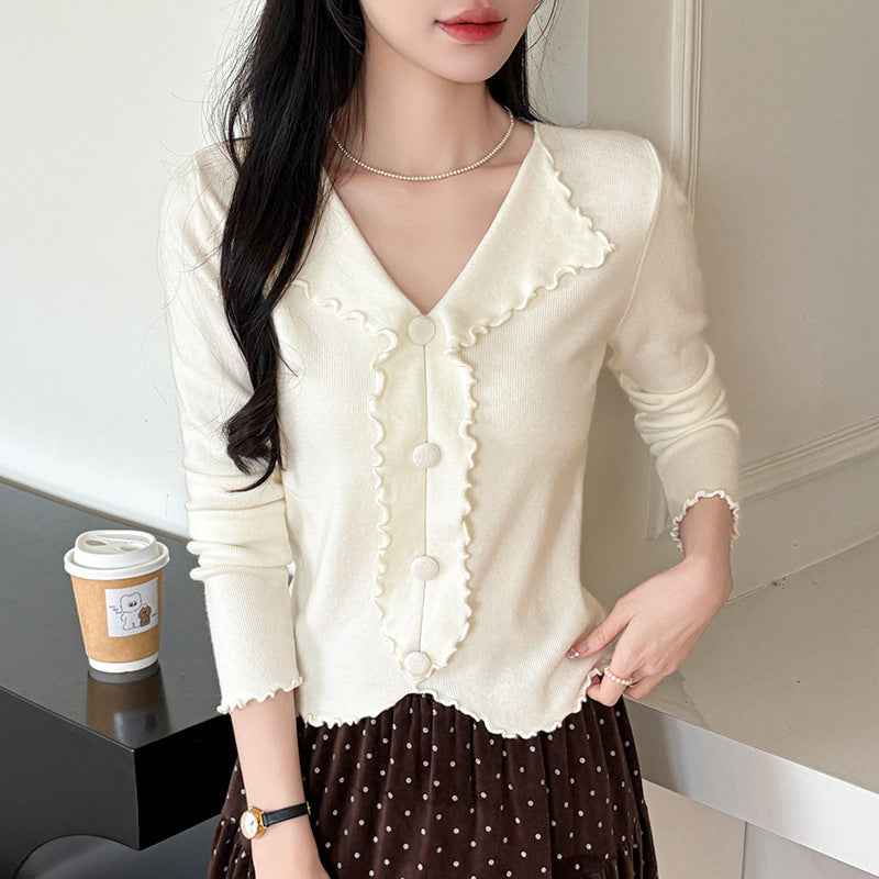 Chic V-Neck Knitted Sweater for Women with Ruffled