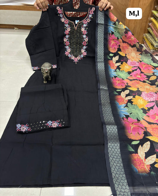 ✨ Premium Maslin V-Neck Kurti Set with Digital Dupatta & Pants ✨