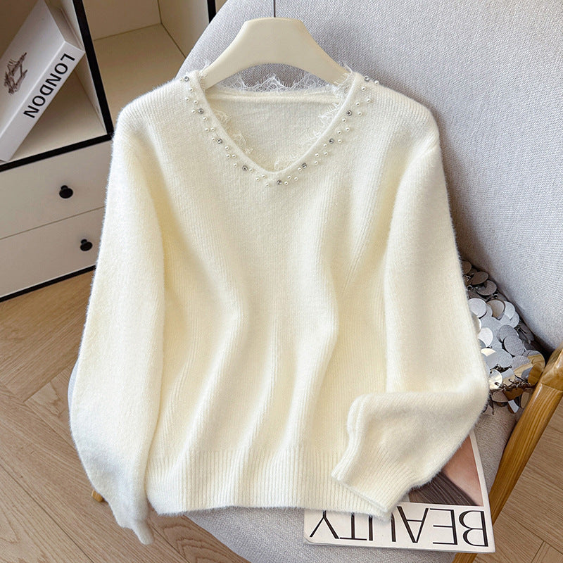 Beaded Lace Trim V-Neck Knit Cardigan for Women