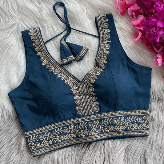 ✨ Elegant Roman Silk Embroidered Blouse – Sequins & Thread Work