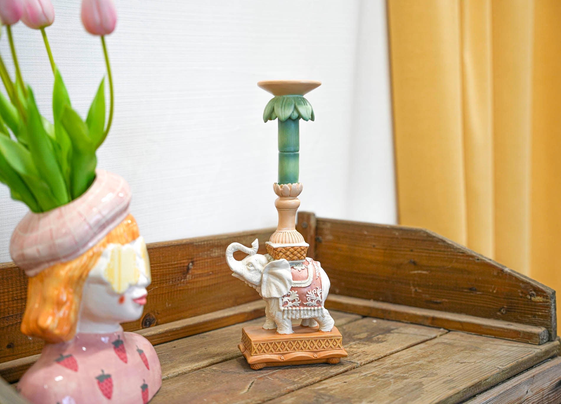 Candle Holder - Elephant Natural/Pink - Polyresin -  ↑ 34,5 Cm