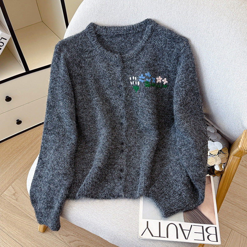 Floral Round Neck Knit Cardigan for Women