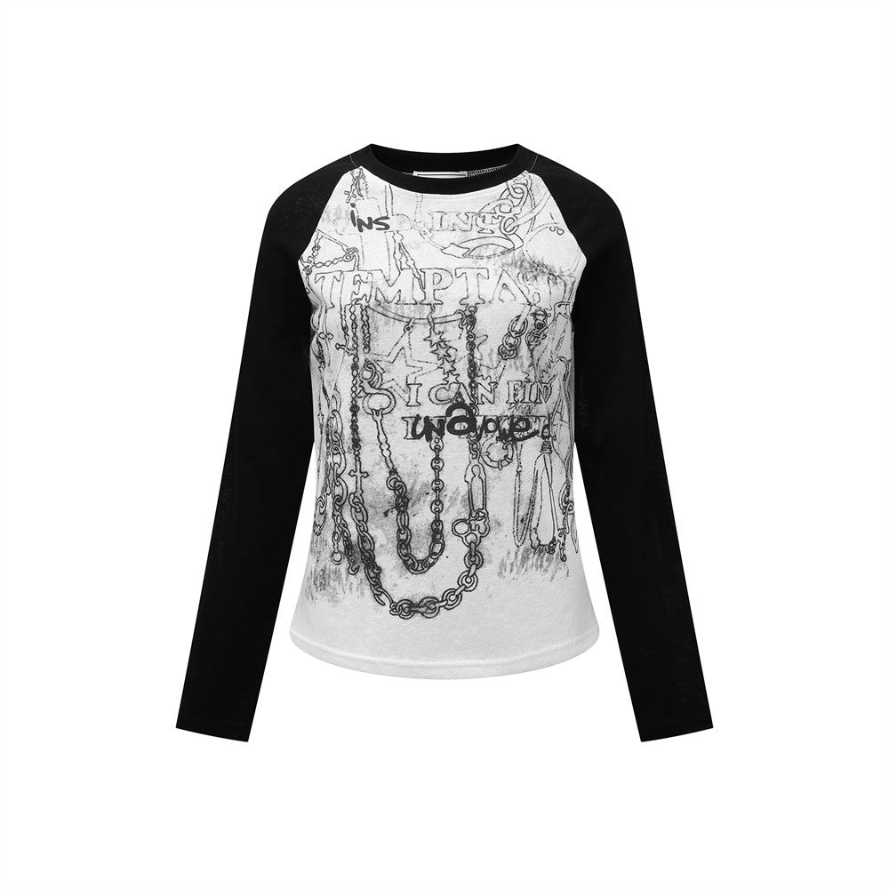 Sleeve Long Sleeve T-Shirt  Color-block Round Neck Basic Top