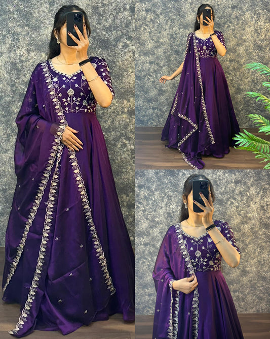 Ambika Silk Embroidered Gown Set with Dupatta – Festive Special