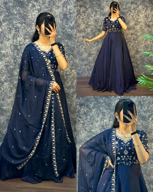 Ambika Silk Embroidered Gown Set with Dupatta – Festive Special (Copy) (Copy)