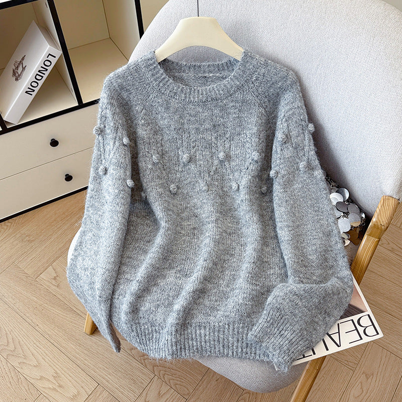 Soft Knit Sweater with Pom-Poms, Round Neck