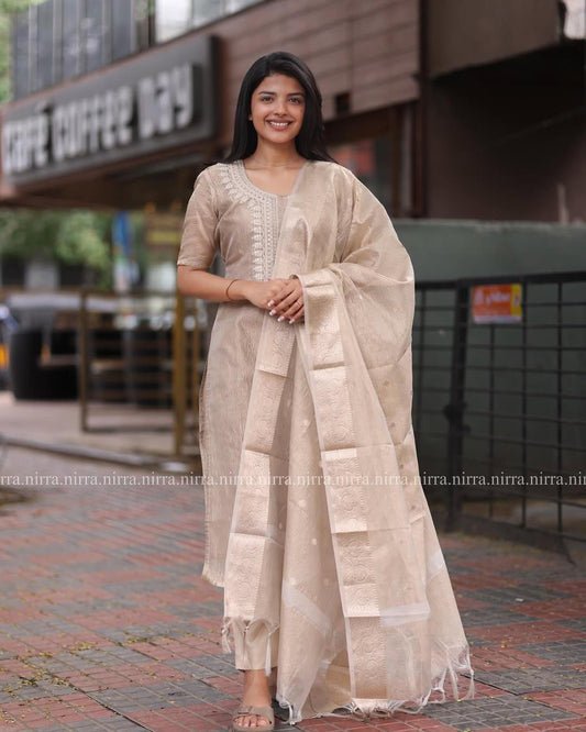 🌟 Subtle Elegance - Light Brown Embroidered Kurta Set with Foil Work Dupatta 🌟