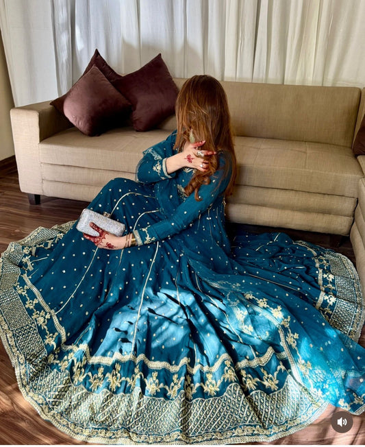 🌟 Heavy Pure Fox Georgette Embroidered Gown Set (Fully Stitched – 3pc Set)