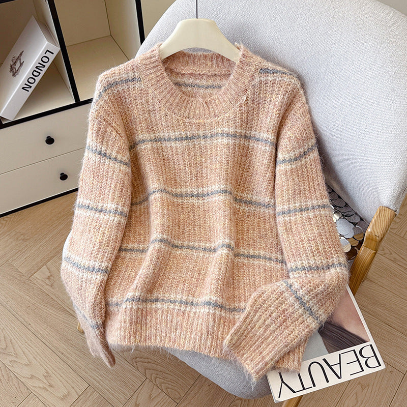 Striped Soft Knit Sweater for Women, Round Neck