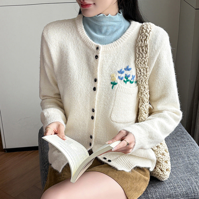 Floral Round Neck Knit Cardigan for Women