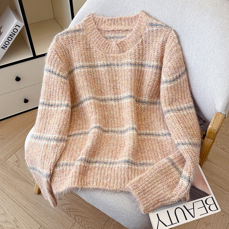 Striped Soft Knit Sweater for Women, Round Neck