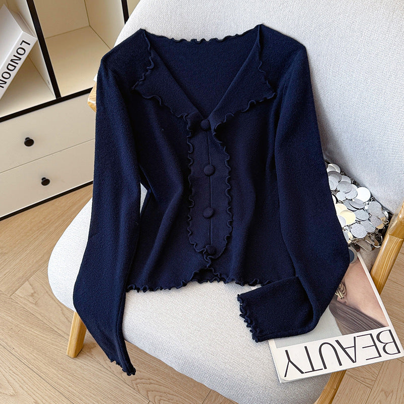 Chic V-Neck Knitted Sweater for Women with Ruffled