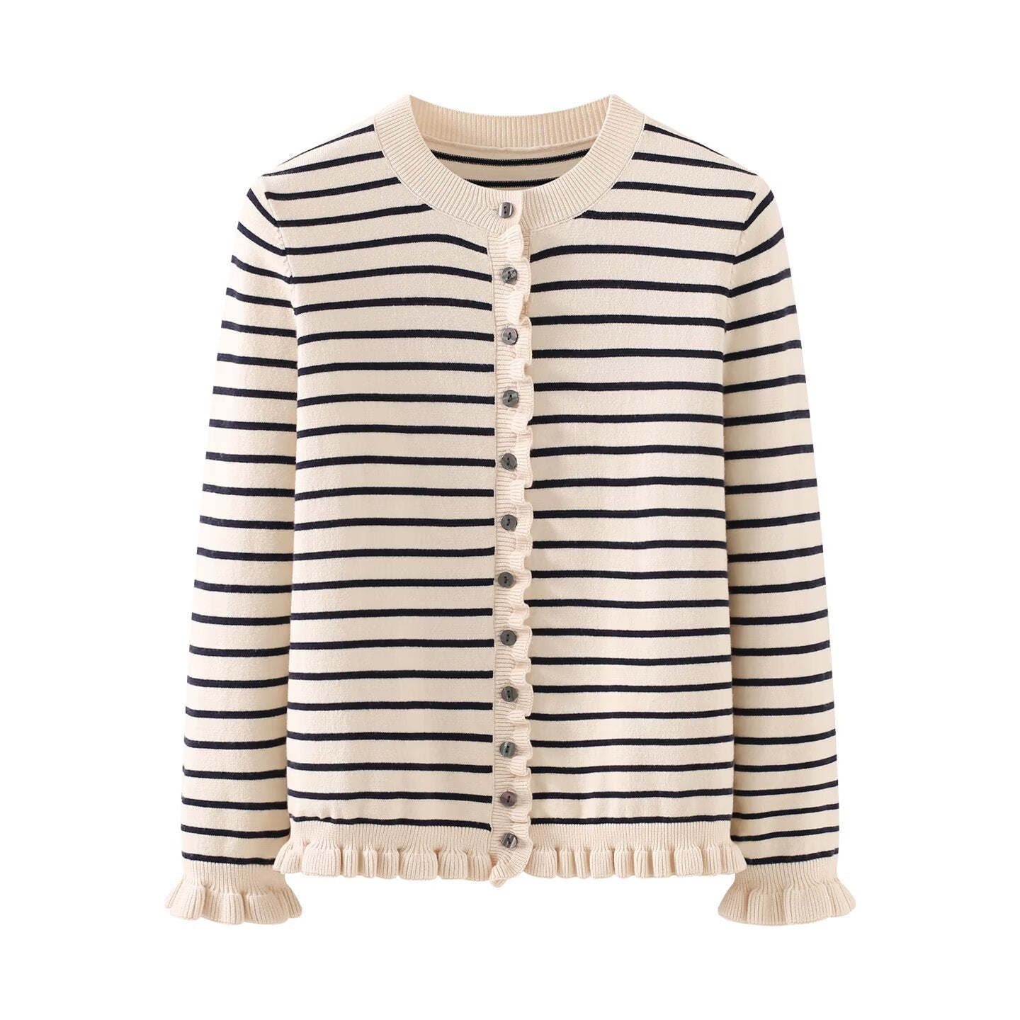 Stacked decorative round neck long sleeved knitted jacket