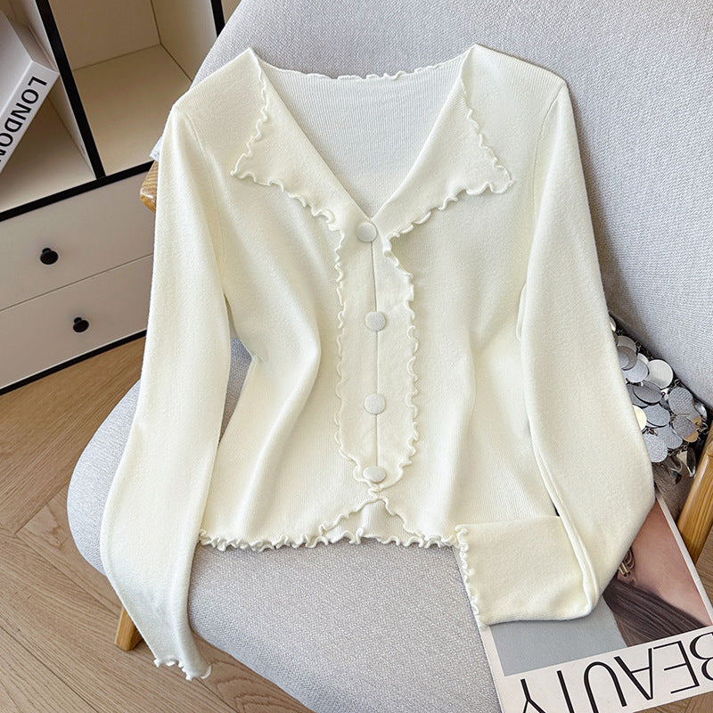 Chic V-Neck Knitted Sweater for Women with Ruffled