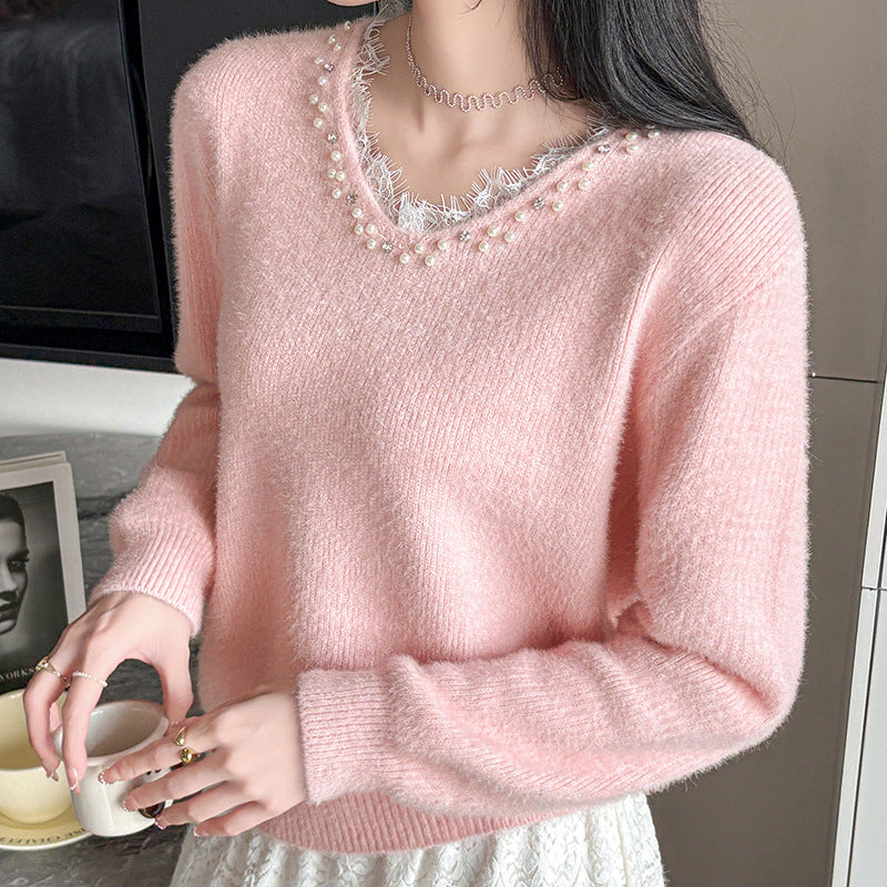 Beaded Lace Trim V-Neck Knit Cardigan for Women