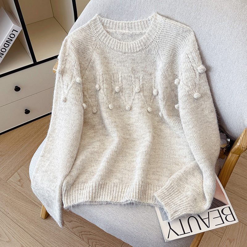 Soft Knit Sweater with Pom-Poms, Round Neck