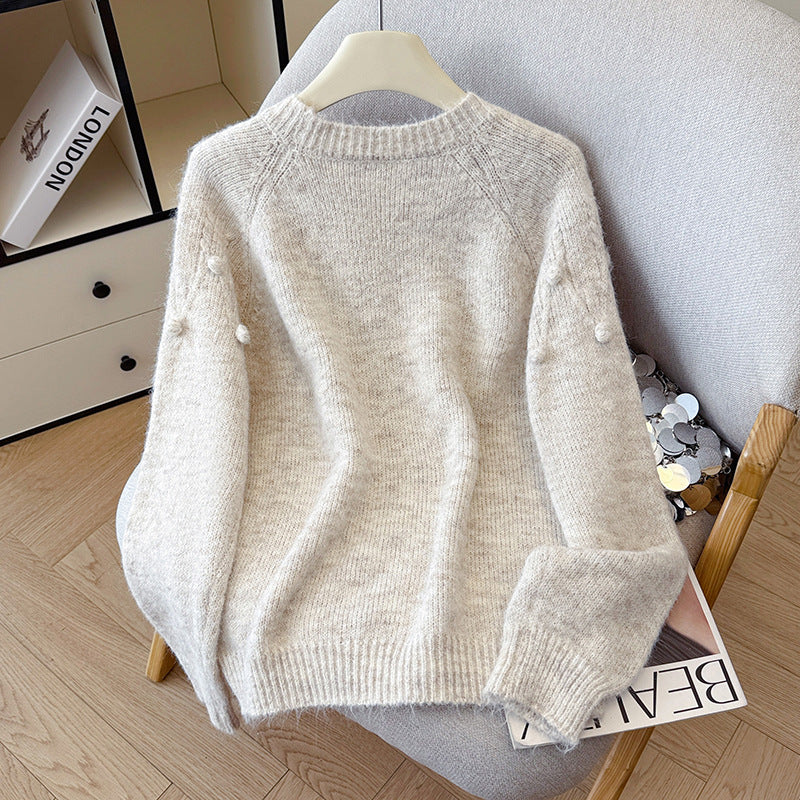 Soft Knit Sweater with Pom-Poms, Round Neck