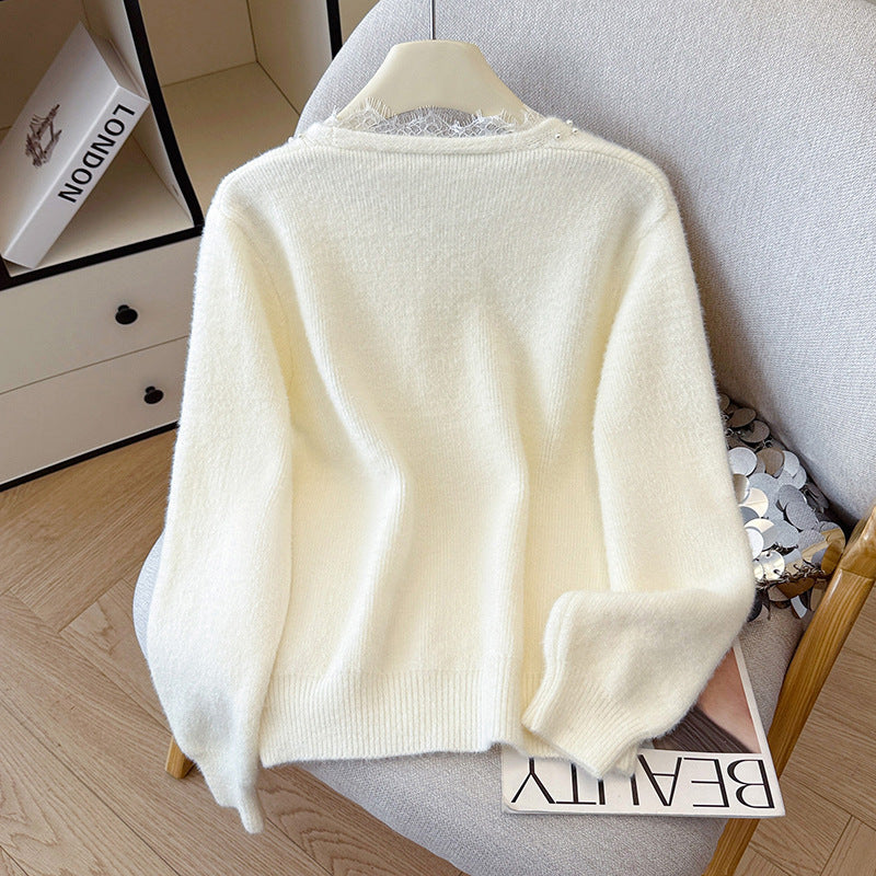 Beaded Lace Trim V-Neck Knit Cardigan for Women