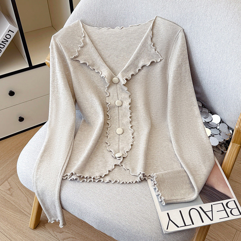 Chic V-Neck Knitted Sweater for Women with Ruffled