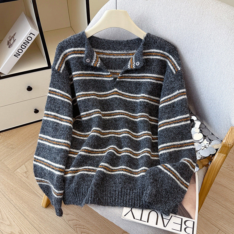 Chic Color-blocked Half-open Collar Knit Sweater for Women