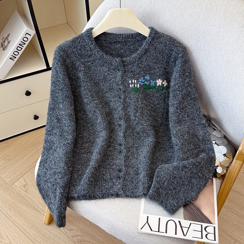 Floral Round Neck Knit Cardigan for Women