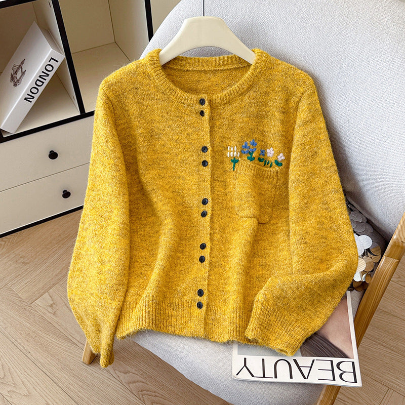 Floral Round Neck Knit Cardigan for Women