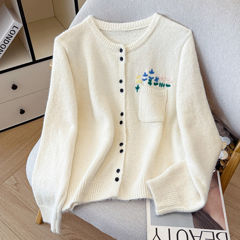 Floral Round Neck Knit Cardigan for Women