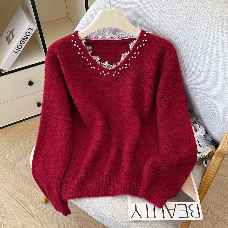 Beaded Lace Trim V-Neck Knit Cardigan for Women