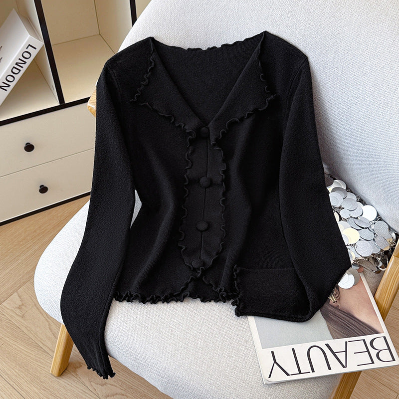Chic V-Neck Knitted Sweater for Women with Ruffled