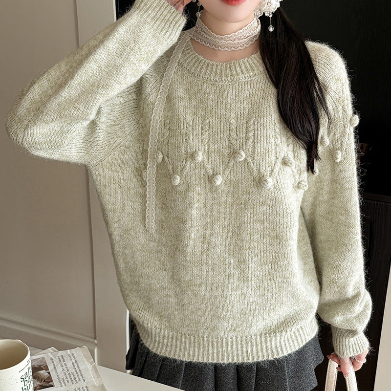 Soft Knit Sweater with Pom-Poms, Round Neck