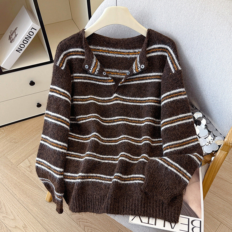 Chic Color-blocked Half-open Collar Knit Sweater for Women