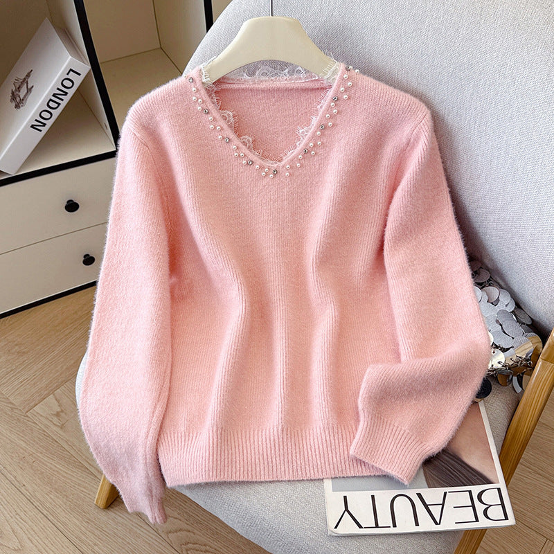 Beaded Lace Trim V-Neck Knit Cardigan for Women