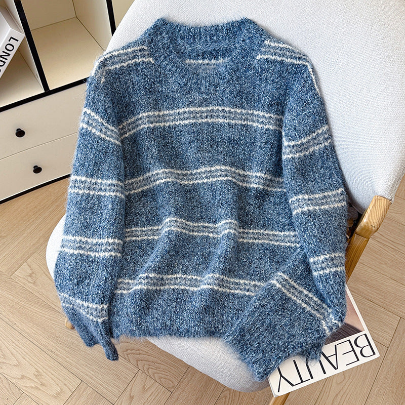 Striped Soft Knit Sweater for Women, Round Neck