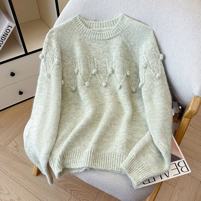 Soft Knit Sweater with Pom-Poms, Round Neck