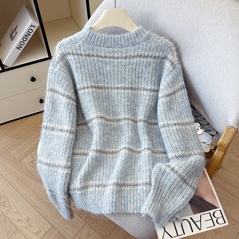 Striped Soft Knit Sweater for Women, Round Neck
