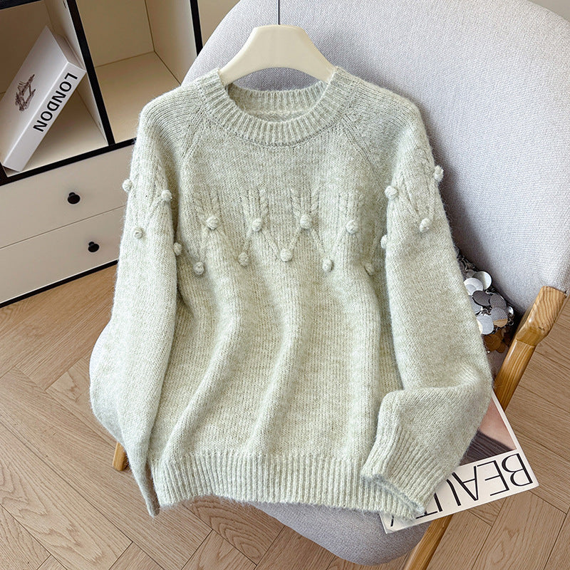 Soft Knit Sweater with Pom-Poms, Round Neck