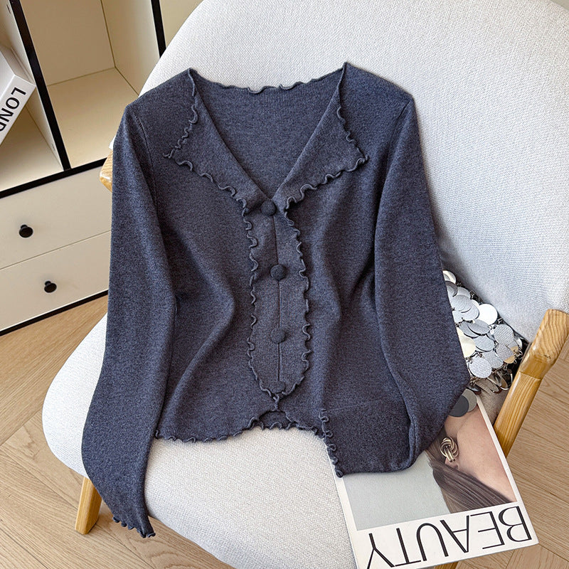Chic V-Neck Knitted Sweater for Women with Ruffled