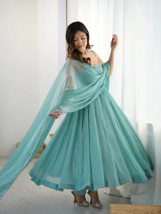 ✨ Elegant Crunchy Silk Anarkali Gown Set with Siroksi Work – Ready to Wear