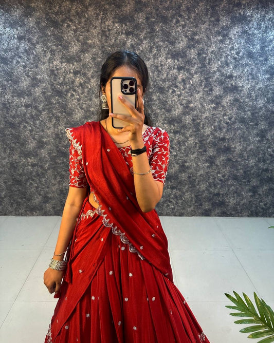 Embroidered Chinnon Silk Lehenga Set with Dupatta – Stitched