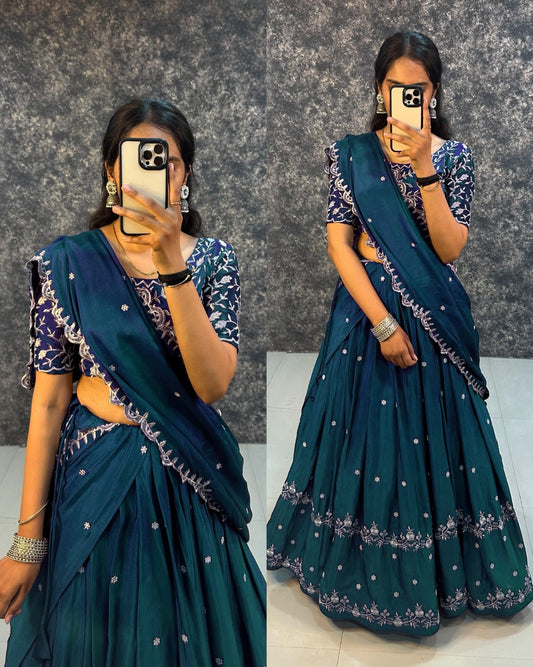 Embroidered Chinnon Silk Lehenga Set with Dupatta – Stitched (Copy) (Copy)