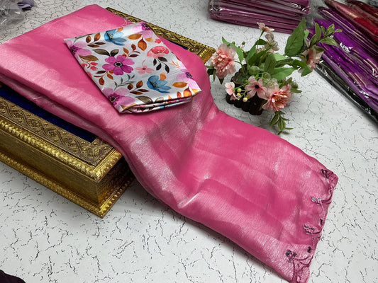 Plain Tissue Soft Silk Saree with Border Chamki Work & Garden Blouse